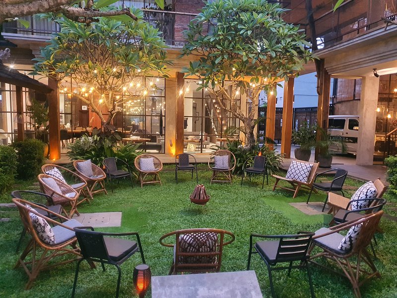 Garden courtyard and intimate gathering space at the venue