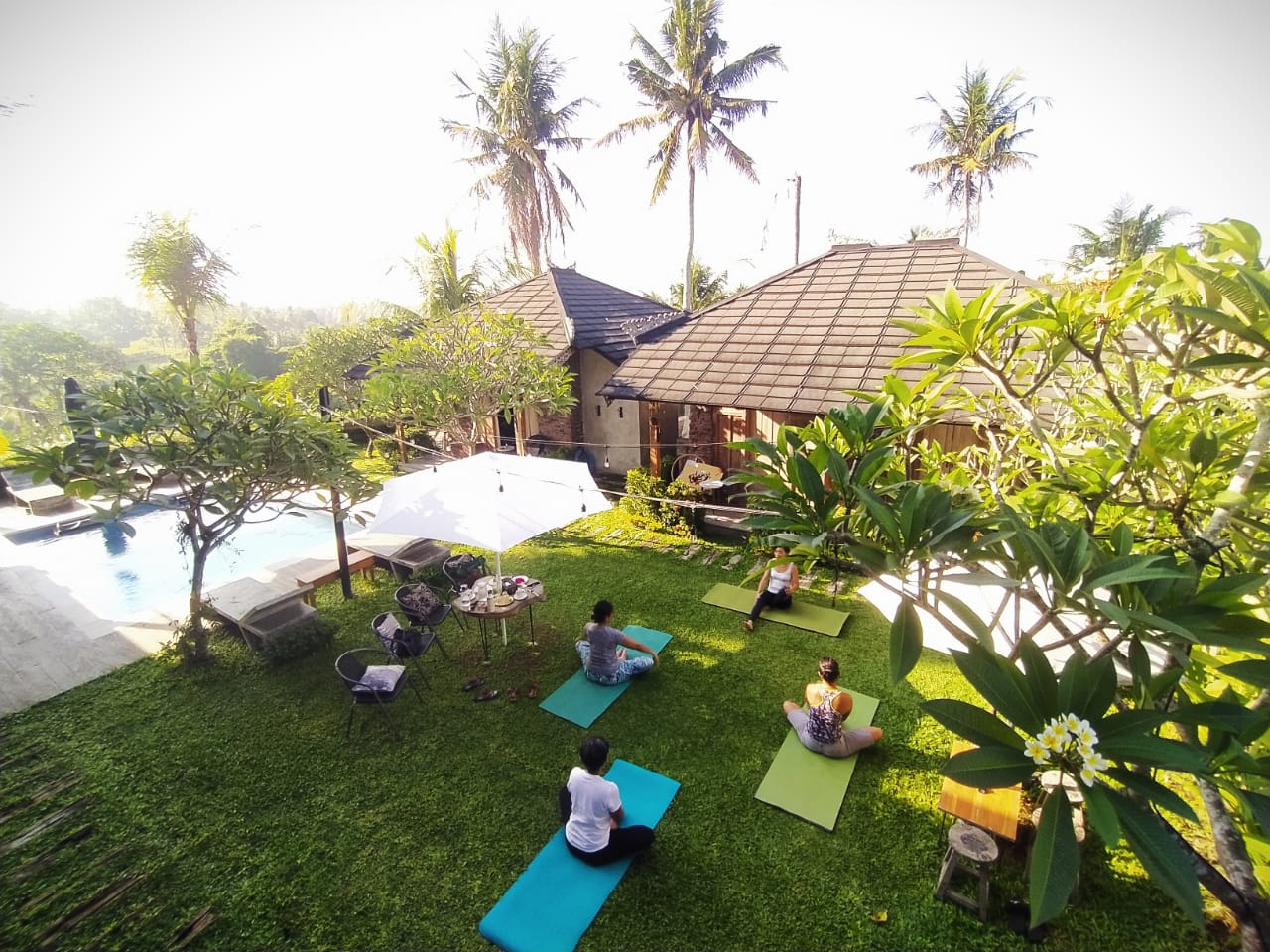 Morning practice session on the lawn beside the pool